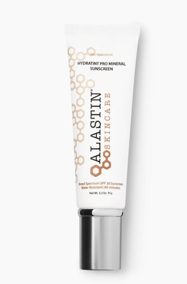 Alastin HydraTint Pro Mineral Broad Spectrum Sunscreen SPF 36 in a white and blue tube.